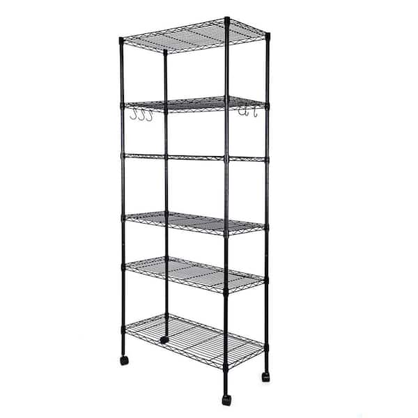 Otryad 6 Tier Heavy Duty Shelving with Wheels, Hanging Hooks, Wire Shelving, Adjustable Storage Units in Black