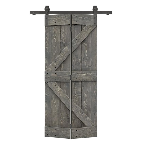 CALHOME 20 in. x 84 in. K-Series Solid Core Weather Gray Stained DIY Wood Bi-Fold Barn Door with Sliding Hardware Kit