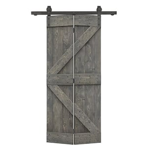 30 in. x 84 in. K Series Solid Core Weather Gray Stained DIY Wood Bi-Fold Barn Door with Sliding Hardware Kit