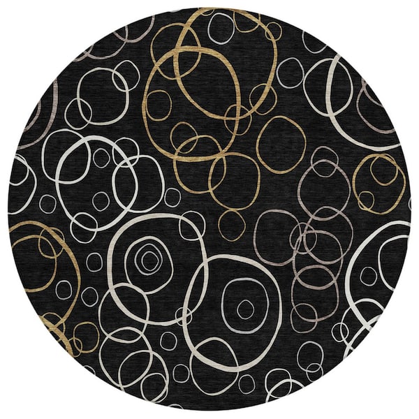 Chantille Machine Washable Indoor/Outdoor Abstract ACN2408 Black 8 ft. x 8 ft. Round Rug