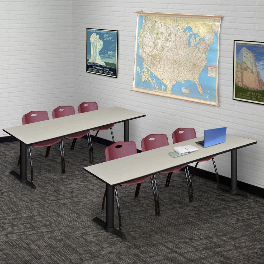 Cain 84 in x 24 in. Maple T-Base Training Seminar Table Desk and 3 M Stack Chairs-Burgundy