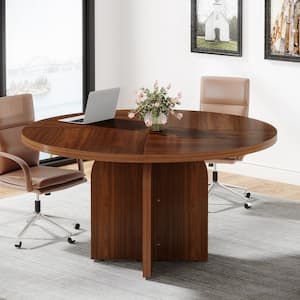 Capen 47.24 in. Round Brown Engineered Wood Executive Desk Small Conference Table with Thickened Wood Cross Base