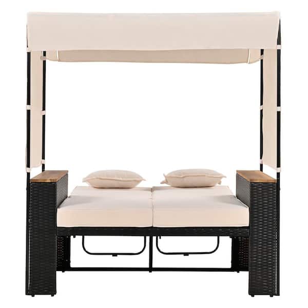 2-Piece Brown Wicker Outdoor Day Bed with Beige Cushions, Bench Lounge Roof Set, Storage Deck Box