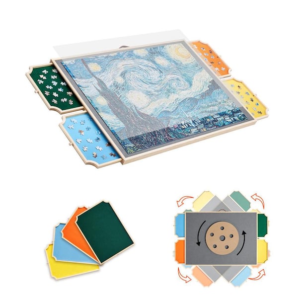 1500-Piece Rotating Puzzle Board with 4 Colorful Felt Drawers and Cover 34 in. x 25 in. Portable Wooden Table