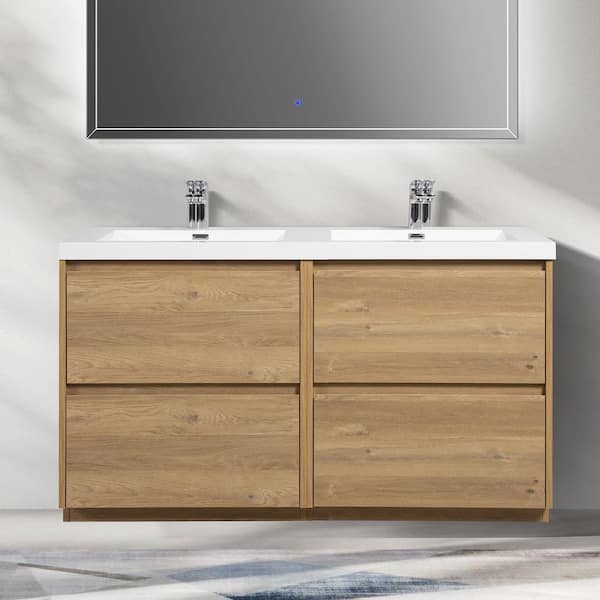 Opvande 60 in. W x 20 in. D x 33 in. H Double Freestanding Vanity in Natural Oak with Solid Surface Sink Top in White