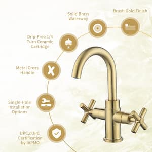 Double-Handle Single Hole Bathroom Faucet and Spot Resistant in Brushed Gold