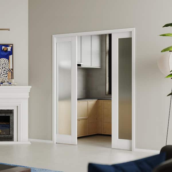 60 in. x 80 in . （30''X 2）1-Lite White MDF Tempered Frosted Glass Double Sliding Pocket Door Frame With Hardware Kit