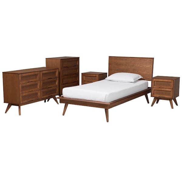 Baxton Studio Melora 5-Piece Walnut Brown Wood Twin Bedroom Set