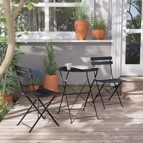 Yangming 3-Piece Steel Frame Round Table Patio Outdoor Bistro Dining Set, Foldable Patio Table and Chairs Furniture, Black