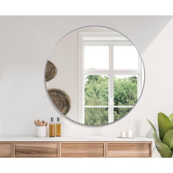 36 in. Silver Round Mirror Large Wall Mounted Circle Mirror Metal