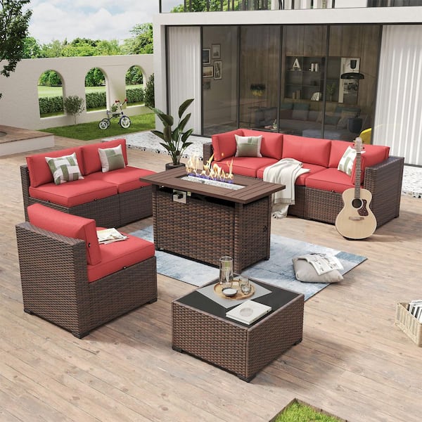 7-Piece Outdoor Fire Pit Patio Set, Patio Sectional Set with Fire Pit Table, Coffee Table, Red Cushions, Set Covers