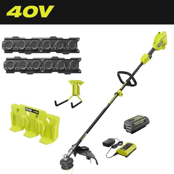 LINK Wall Rails (2-Pack), Large Power Tool Hook, 40V Battery Shelf and 40V 15 in. Cordless String Trimmer Combo
