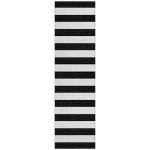 Black and White 2 ft. x 8 ft. Woven Striped Polyester Runner Indoor/Outdoor Area Rug