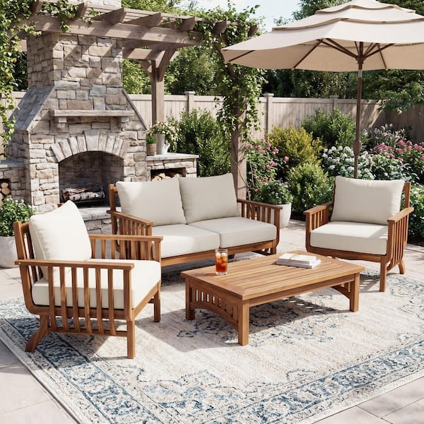 Roger 4-Piece Patio Outdoor Conversation Set with Beige Cushions, Natural Loveseat, Natural 2 Club Chairs, Coffee Table