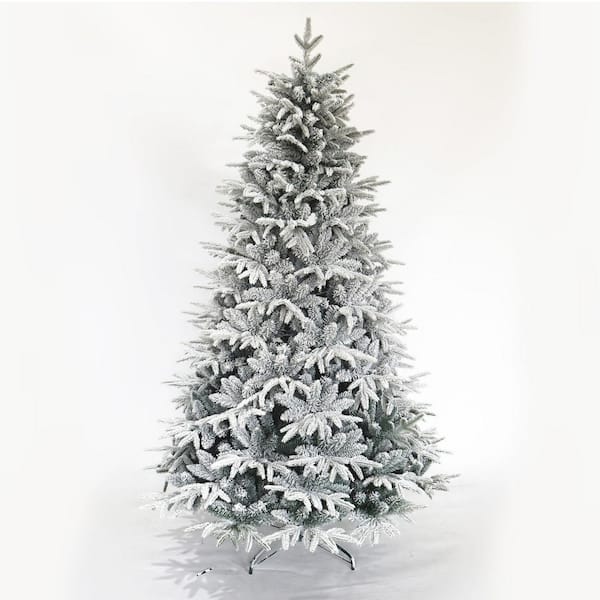 Costway 7ft Snow Flocked Hinged Christmas Tree w/ Berries & Poinsettia Flowers - White