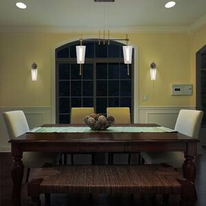Toscana 13.8-Watt 29 in. Height Adjustable Antique Brass Island Pendant with 2 Integrated LED Frosted Glass Shades