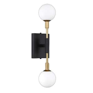 AMBIENCE 4.7 in. 2 Light Black, Brass Wall Sconce with White Glass Shade
