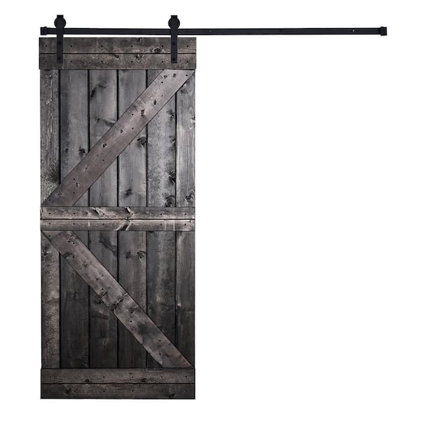 AIOPOP HOME K-Bar Serie 36 in. x 84 in. Charcoal Knotty Pine Wood DIY Sliding Barn Door with Hardware Kit