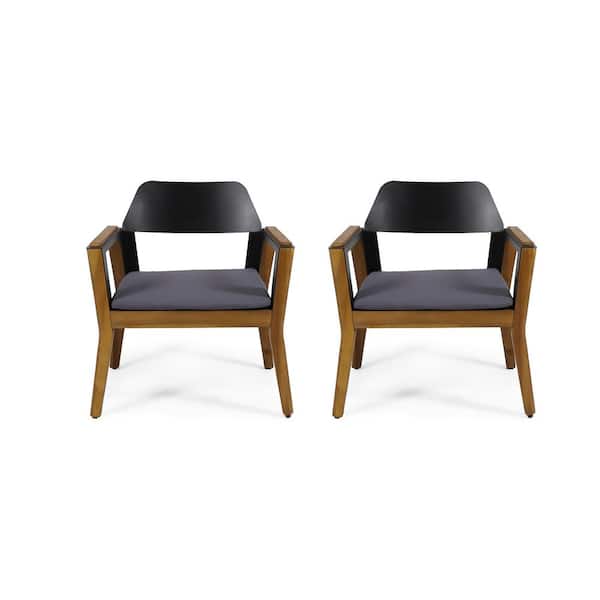 Unbranded Teak Color Wood Removable Cushions Outdoor Patio Lounge Chair with Dark Grey Cushion (2-Pack)