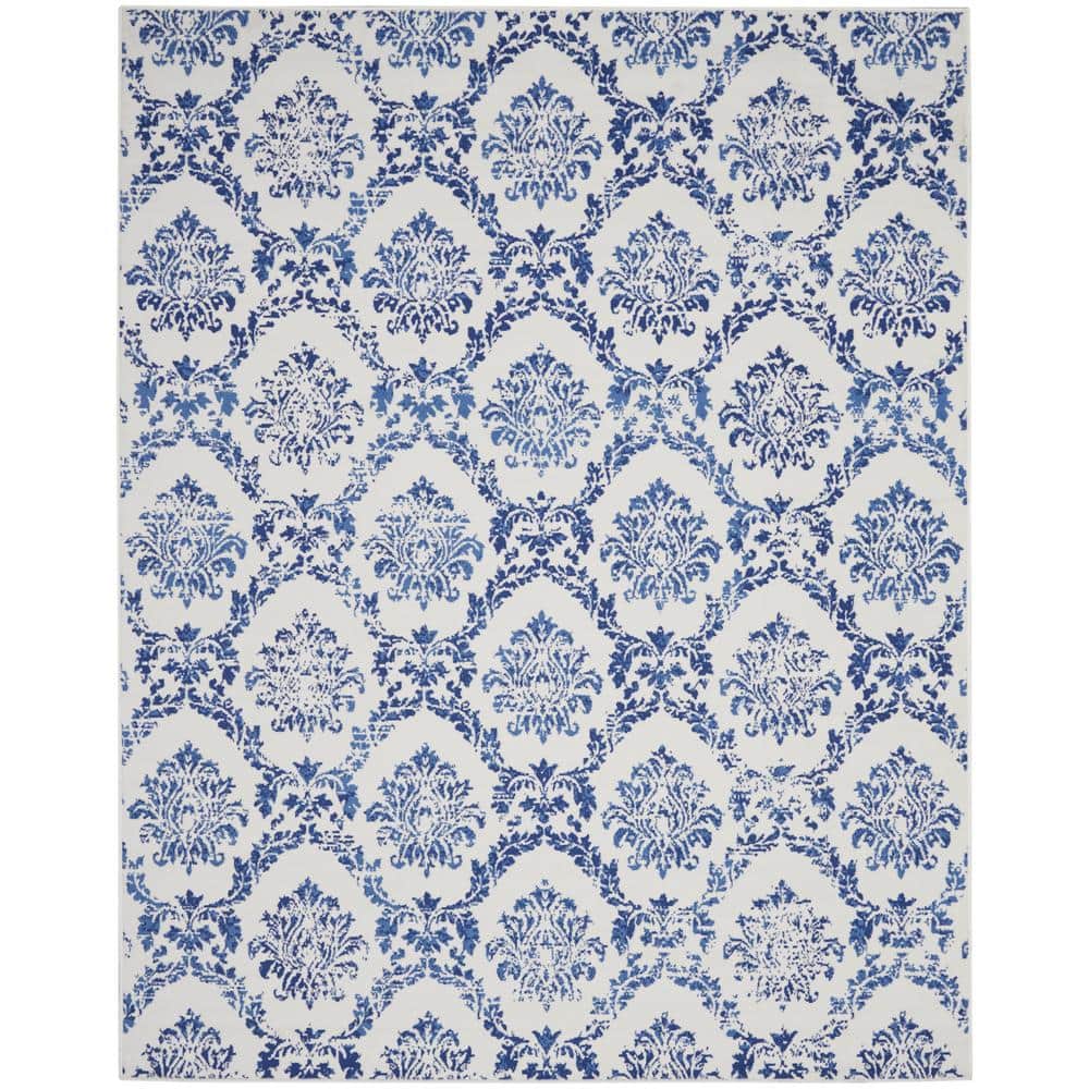 Ivory and Navy Geometric Damask 7' x 10' Area Rug