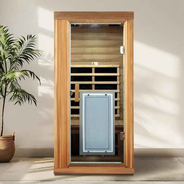 1-Person Red Cedar Far Infrared Indoor Sauna with 8 Heating Panels, Bluetooth Audio, LED Light, and LCD Touch Control