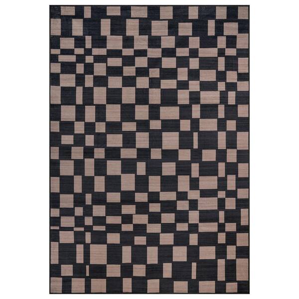 Checkered Block Slate Machine Washable Polyester Non-Slip Backing 5 ft. x 7 ft. Gray Area Rug
