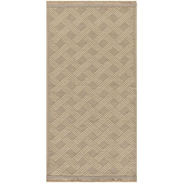 2' X 4' Natural Geometric Flatweave Non Skid Area Rug With Fringe