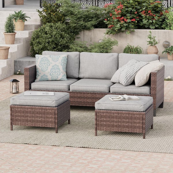 Sonkuki 3-Piece Brown Rattan Patio Sofa Set Outdoor Furniture Set 3-Seat Sofa Ottomans With Cushions, Linen Grey