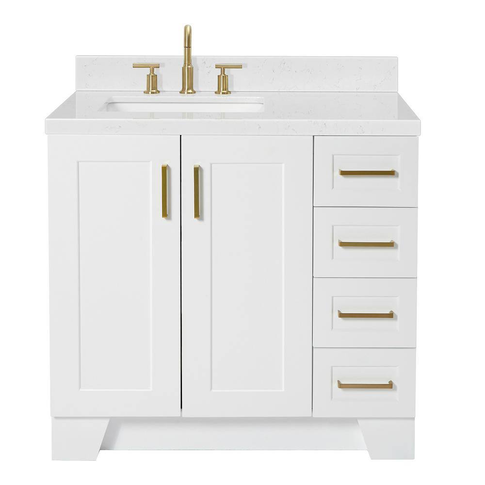 White Quartz Single Basin Freestanding Vanity with Gold Hardware