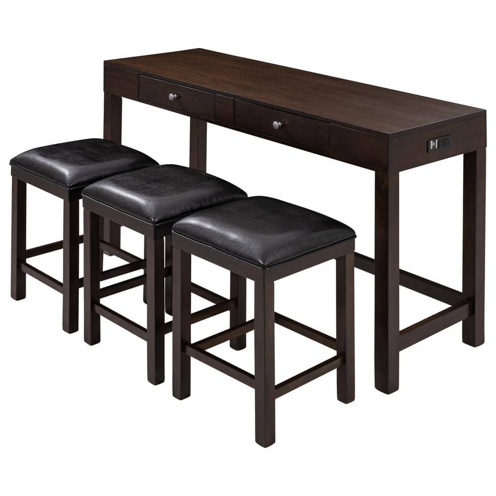 Espresso 4-Piece Wood Rectangular Counter Height Table Outdoor Dining Set w