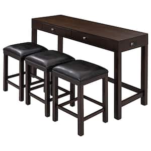 Espresso 4-Piece Wood Rectangular Counter Height Table Outdoor Dining Set with Black Fabric Padded Stools Cushions