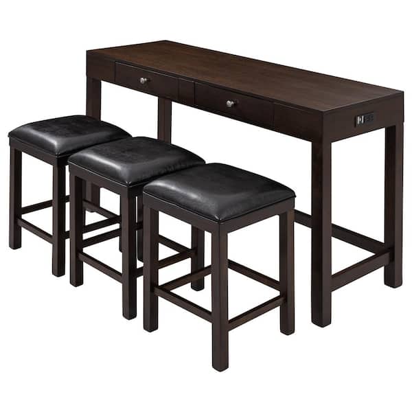 Unbranded Espresso 4-Piece Wood Rectangular Counter Height Table Outdoor Dining Set with Black Fabric Padded Stools Cushions
