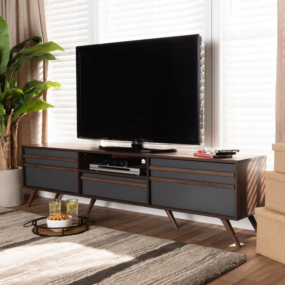 Gray and Walnut Wood TV Stand with Drop-Down Compartments