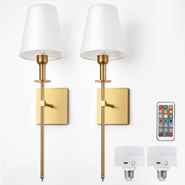Briignite 5 in. 1-Light Modern Gold Wall Sconces with Rechargeable Function, Remote Dimming,Fabric Shades for Living Room (2-Pack)