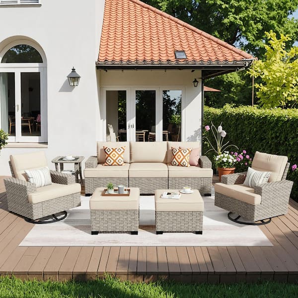 Mettle 8-Piece Wicker Patio Conversation Seating Sofa Set with Beige Cushions and Swivel Rocking Chairs