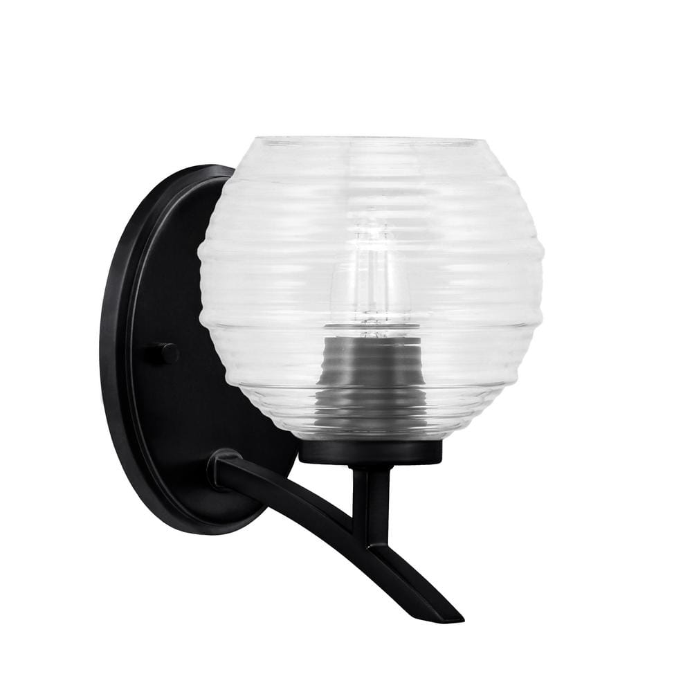 Siena 6 in. 1-Light Matte Black Sconce with 6 in. Clear Ribbed Glass Shade 