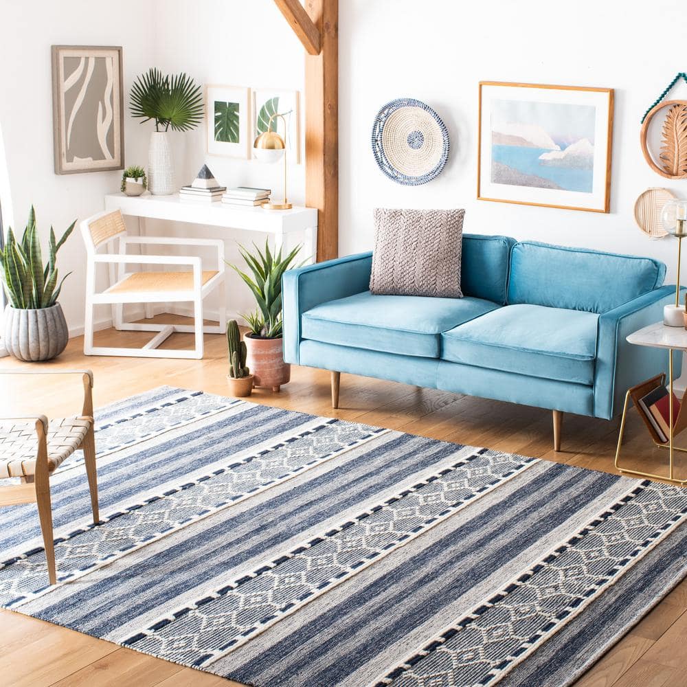 Ivory Stripe Kilim 8' x 10' Hand Woven Wool-Cotton Rug