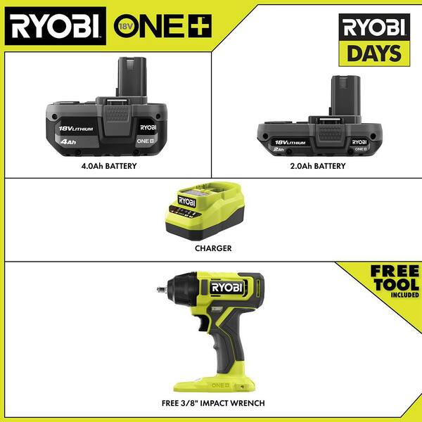RYOBI ONE+ 18V Cordless 3/8 in. Impact Wrench Kit with 4 Ah Battery, 2Ah Battery, and 18V Charger PCL250K2SB