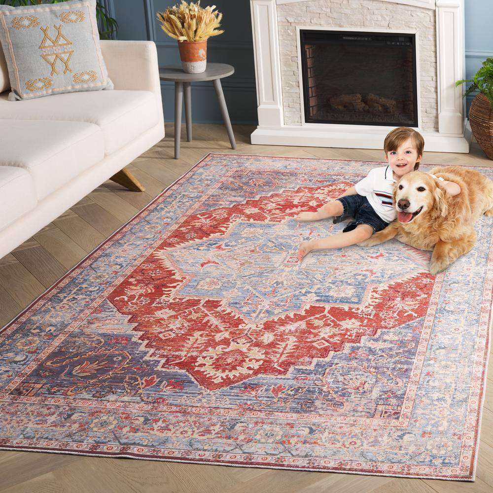 Arizona Light Blue and Rust 8' x 10' Machine Washable Area Rug