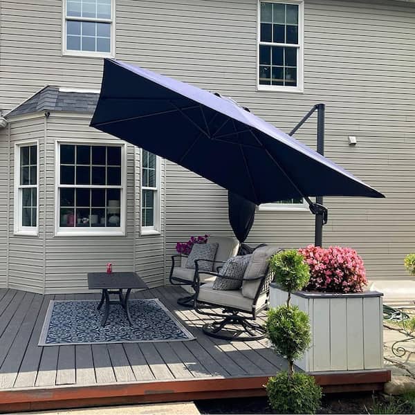 10 ft. Square Aluminum Outdoor Patio Cantilever Umbrella Offset 360° Rotation Umbrella with Base, Navy Blue