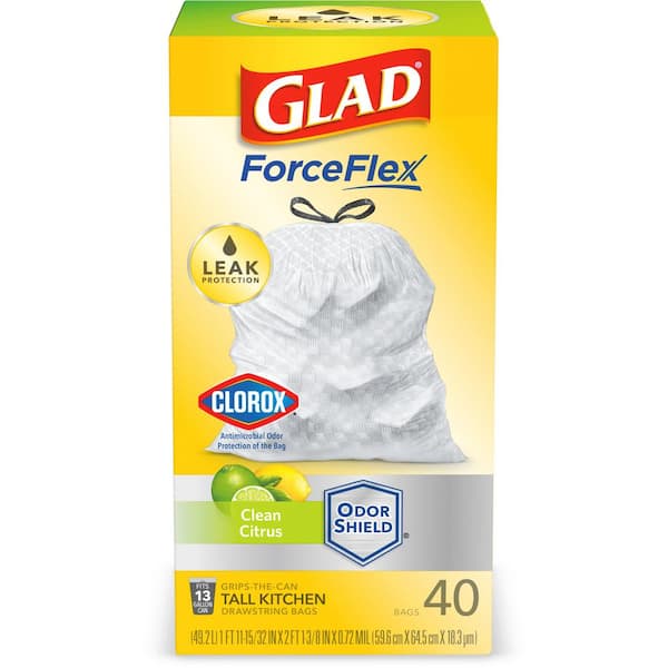  Customer reviews: GLAD ForceFlex Tall Drawstring Trash Bags For  Kitchen Trash Can, 13 Gallon, Grey , Fresh Clean with Febreze Freshness to  Eliminate Odors, 80 Count - Packaging May Vary