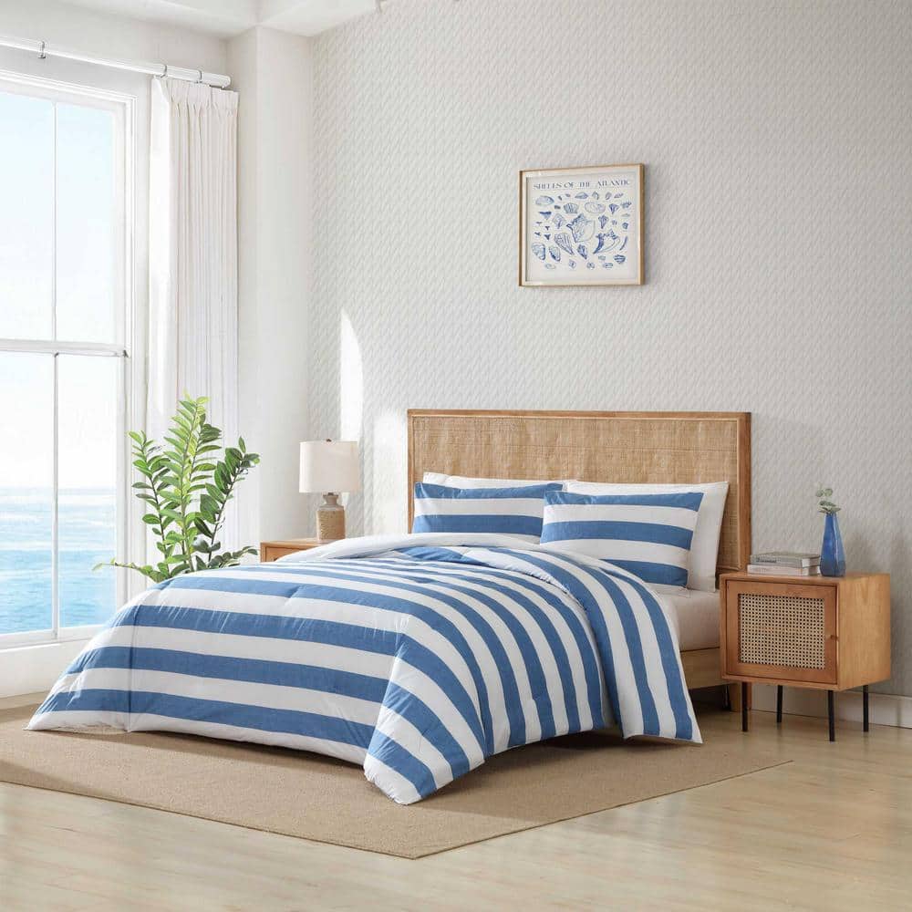Blue and White Cotton Full Duvet Cover Set with Shams