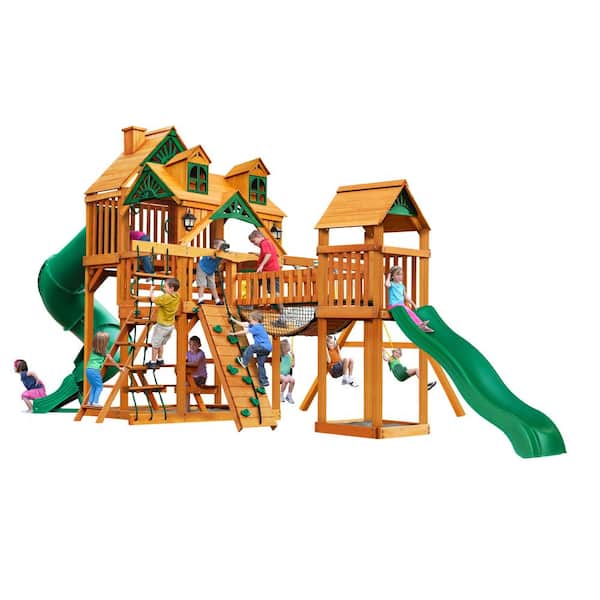 Gorilla Playsets Treasure Trove I Wooden Swing Set with Malibu Wood Roof and 2 Slides