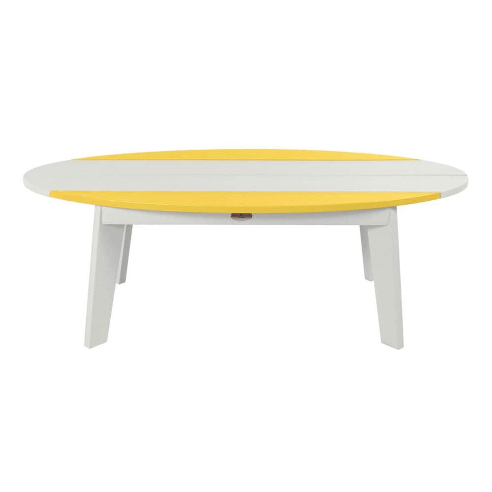 Front view of the white and yellow surfboard coffee table.