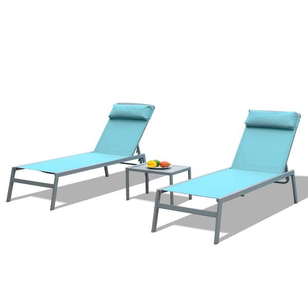 Lake Blue 3-Piece Aluminum Adjustable Outdoor Patio Chaise Lounge, Pool Lounge Chairs Recliner with Headrest, 1 Table