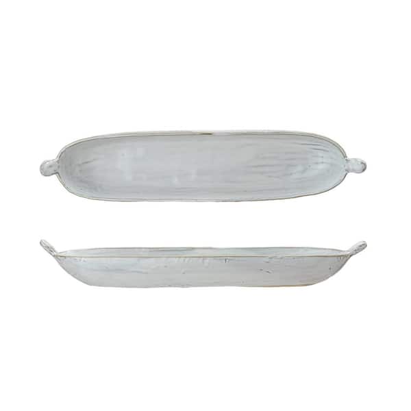 Storied Home 13.4 in. White Long Stoneware Serving Platter with Reactive Glaze