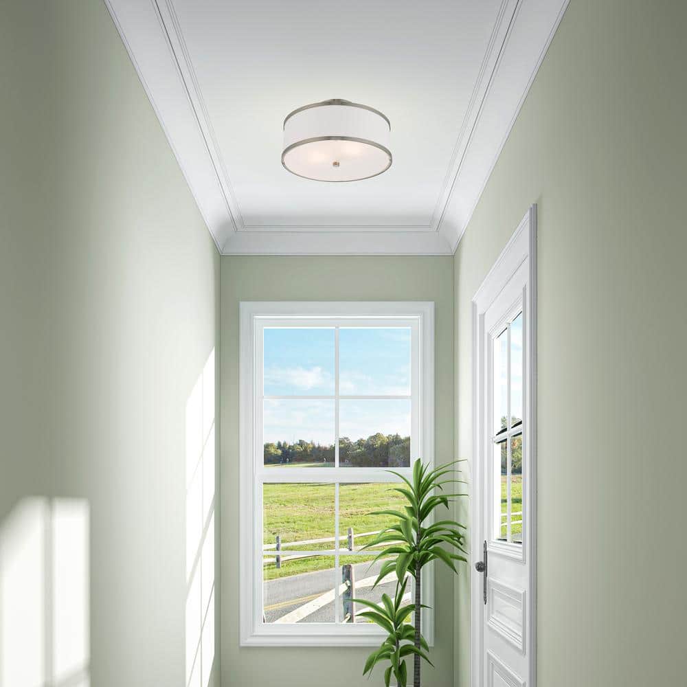 Brushed Nickel 2-Light Semi-Flush Mount with White Drum Shade