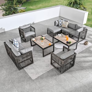 10-Piece Wicker Patio Conversation Deep Seating Set with Gray Cushions