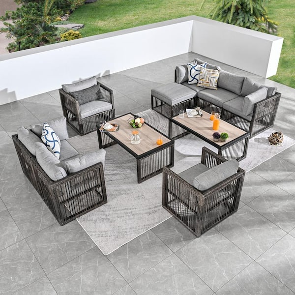Patio Festival 10-Piece Wicker Patio Conversation Deep Seating Set with Gray Cushions