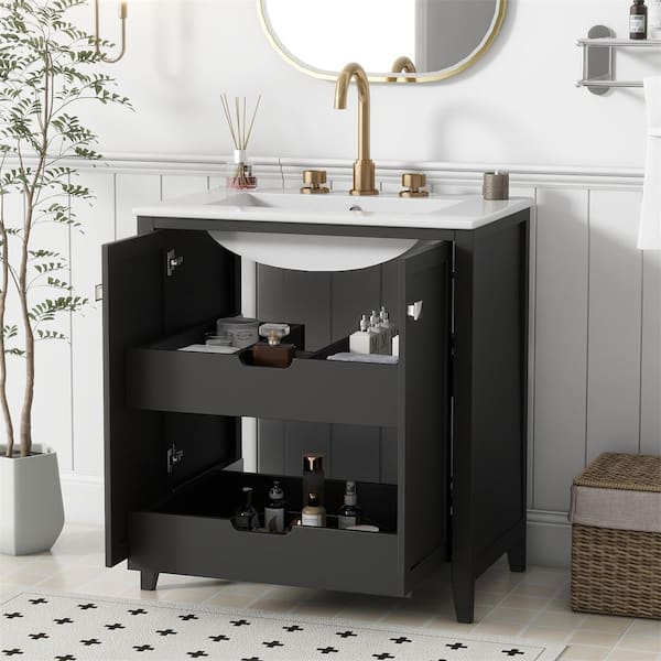 30 in. W x 18 in. D x 34.1 in. H Freestanding Bathroom Vanity Combo with White Ceramic Sink, Doors, Black